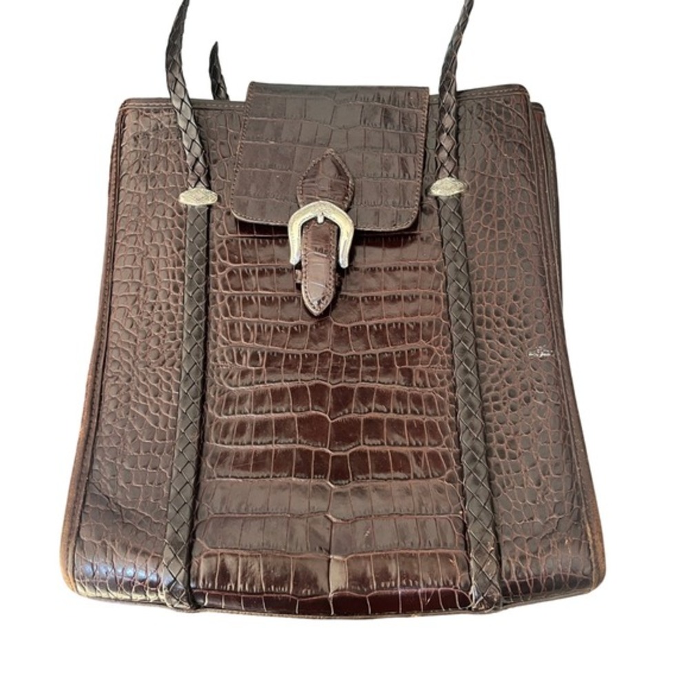 Brighton Croc‎ Embossed Brown Leather Handbag Tote Braided Handle Satchel